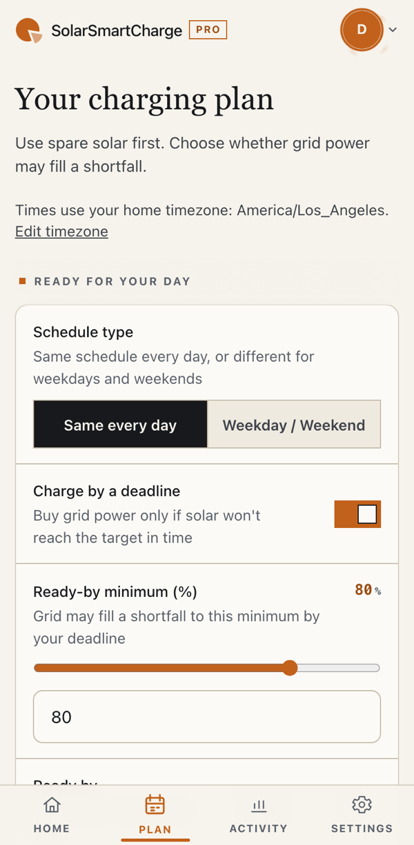 SolarSmartCharge charging plan: ready-by deadline and solar limit