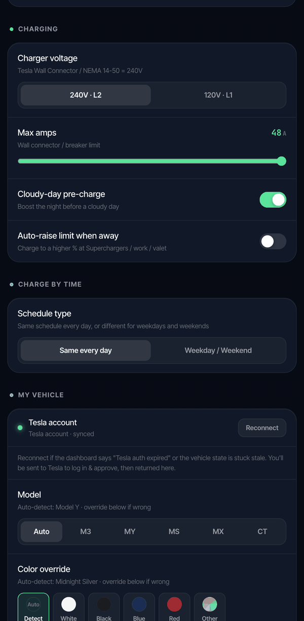 SolarSmartCharge charging settings